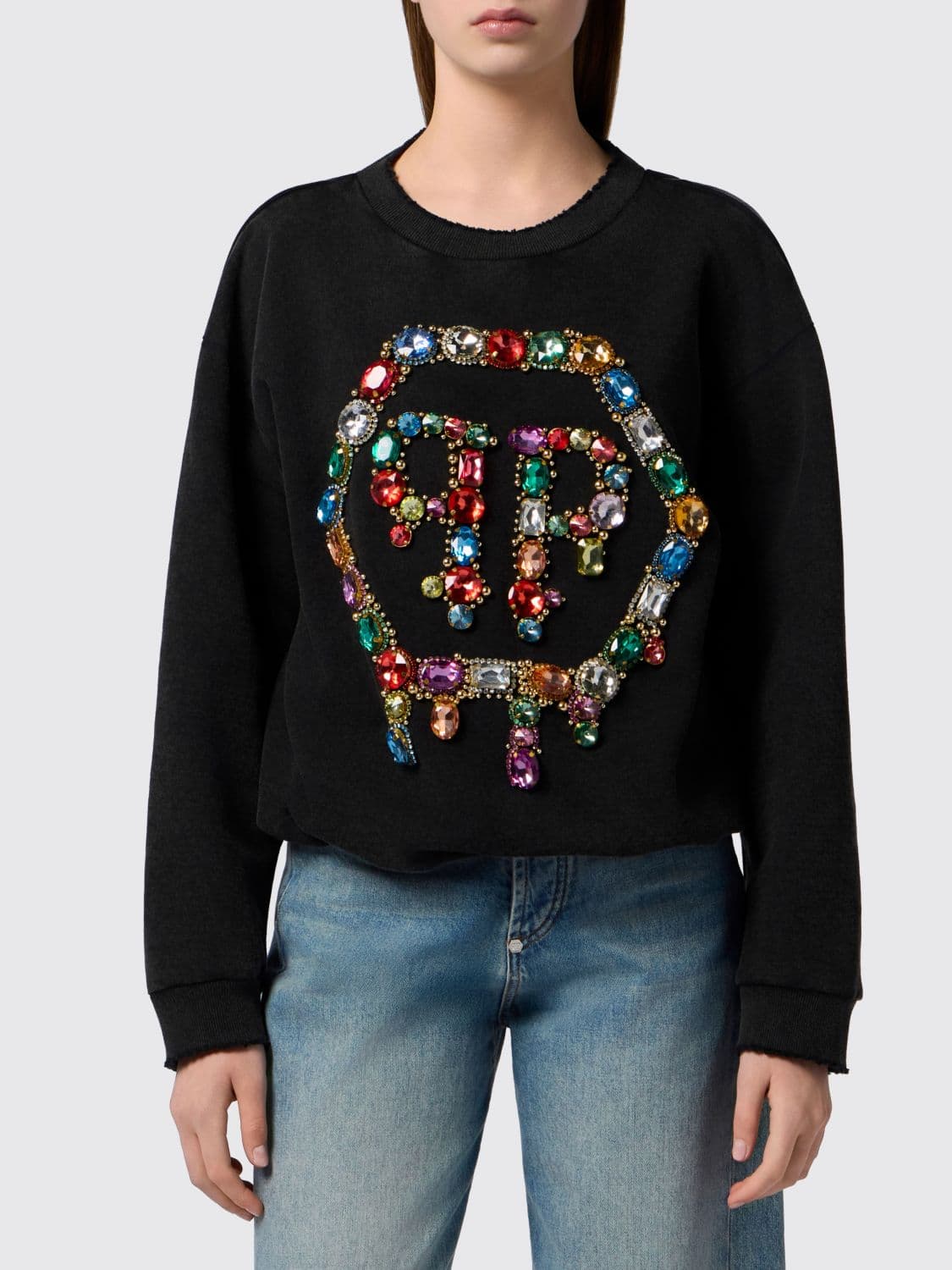 Philipp Plein Monogram Cotton Sweatshirt with Hexagon Logo and Back Neckline