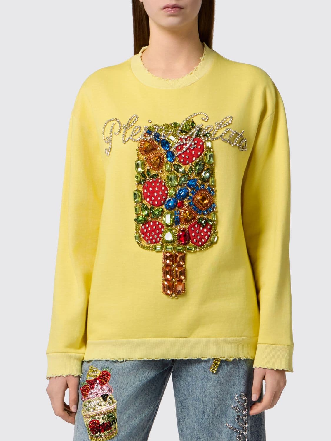 Philipp Plein Cotton Crewneck Sweatshirt with Frayed Hem and Rhinestone Logo