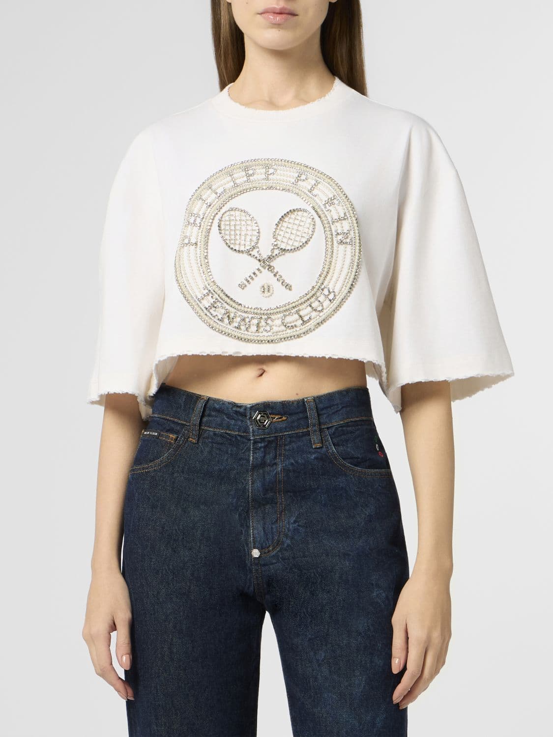 Philipp Plein Tennis Club Cropped Cotton T-Shirt with Rhinestones and Pearls