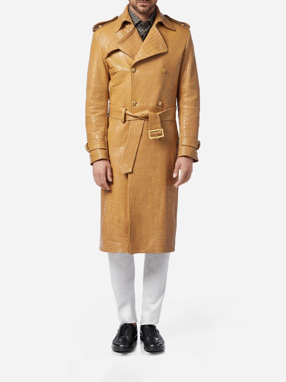 Billionaire Double-Breasted Crocodile Leather Trench Coat with Belt
