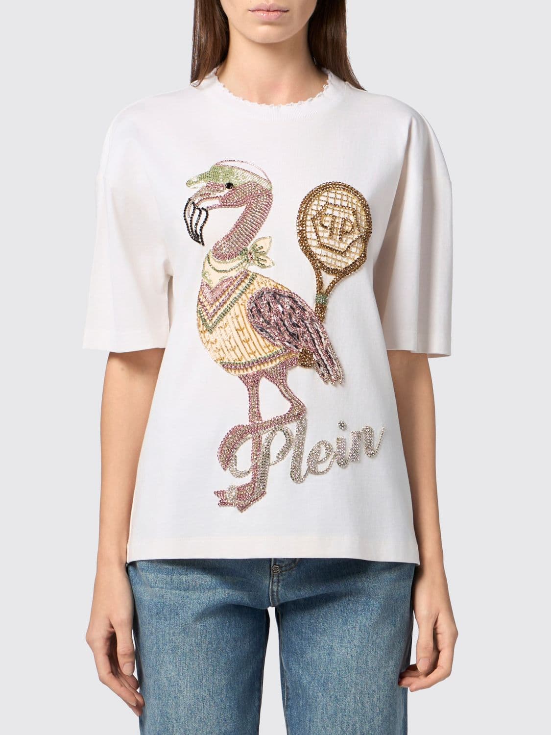 Philipp Plein Cotton T-Shirt with Graphic Print, Rhinestones and Dropped Shoulders