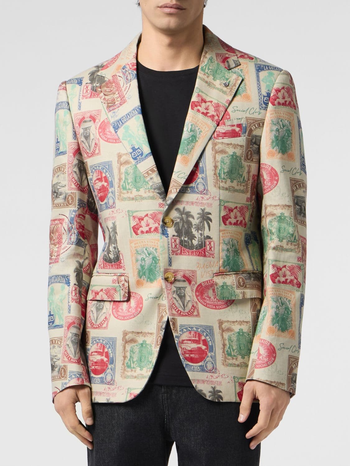 Billionaire Single-Breasted Linen Blazer with Graphic Print and Lapel Collar