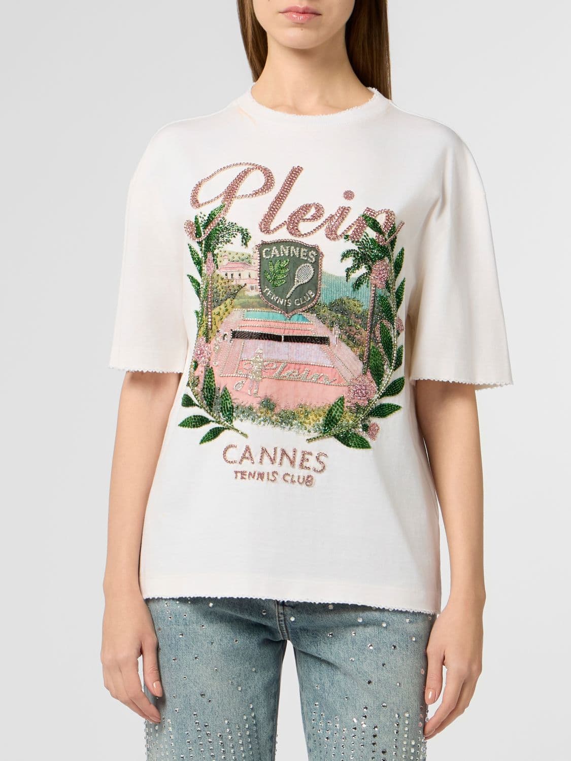 Philipp Plein Relaxed Fit Cotton T-shirt with Rhinestones and Fringed Hem