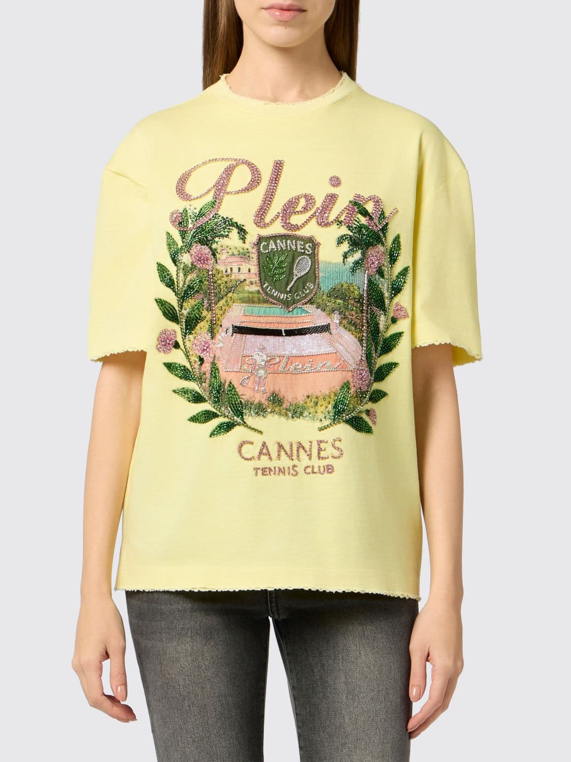 Philipp Plein Relaxed Fit Cotton T-shirt with Rhinestones and Fringed Hem