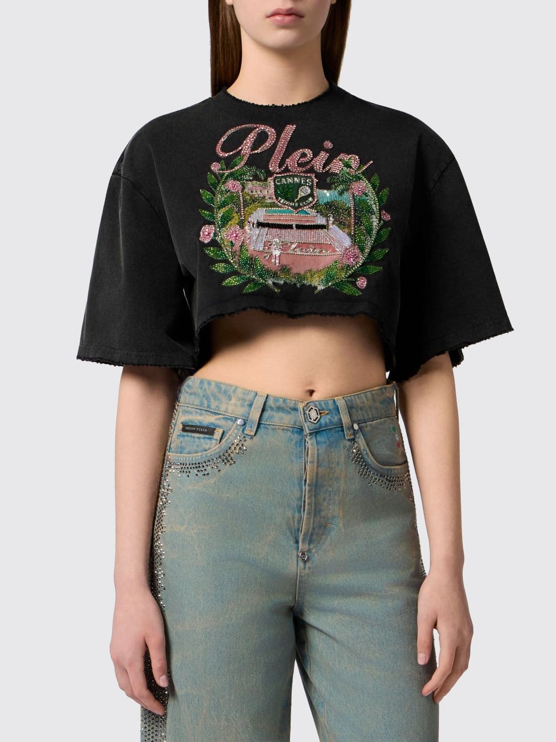 Philipp Plein Cropped Cotton T-shirt with Jacquard Logo and Fringed Hem