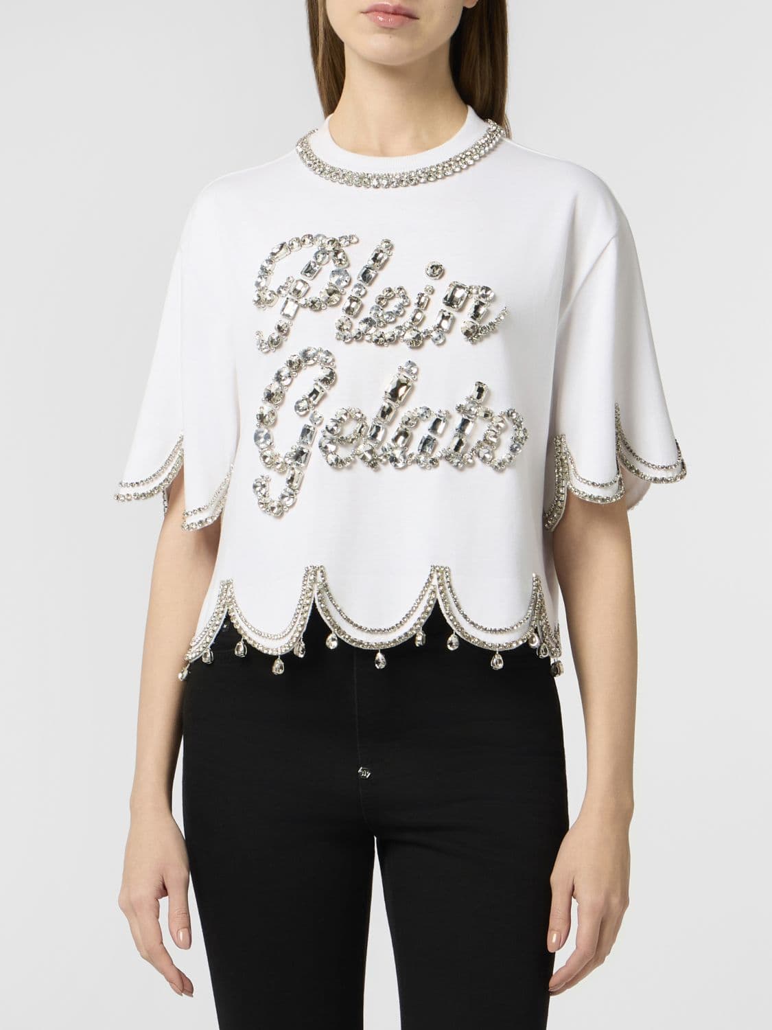 Philipp Plein Cropped Cotton Jersey T-shirt with Rhinestone Logo and Wavy Hem