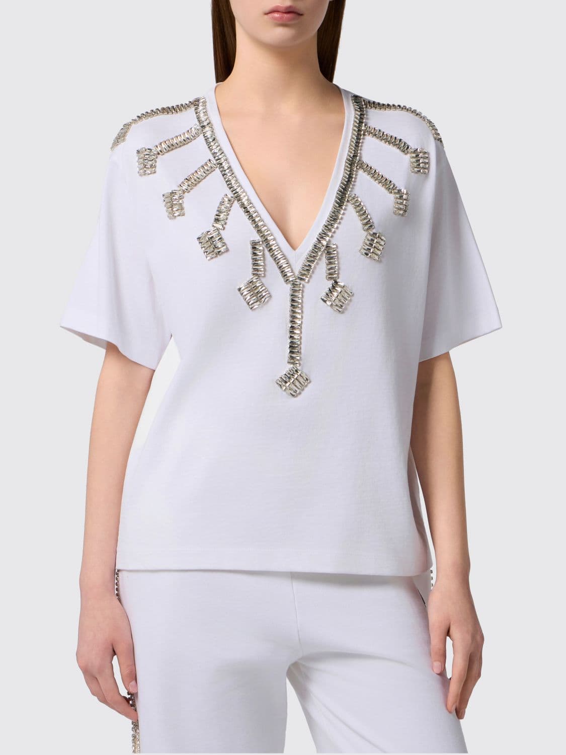 Philipp Plein V-Neck Cotton Jersey T-shirt with Rhinestone Back Logo
