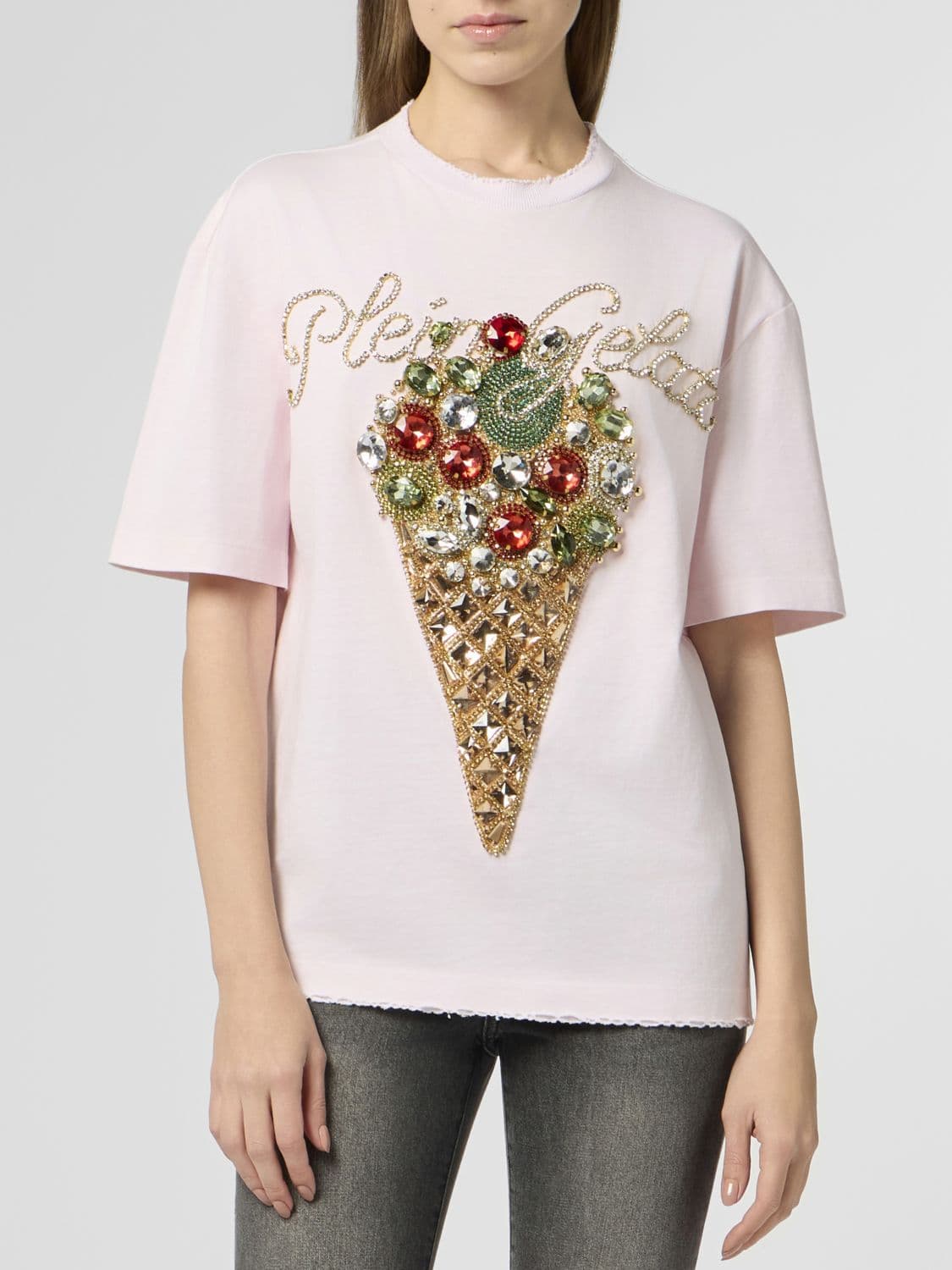 Philipp Plein Cotton Jersey T-shirt with Rhinestone Logo and Fringed Hem