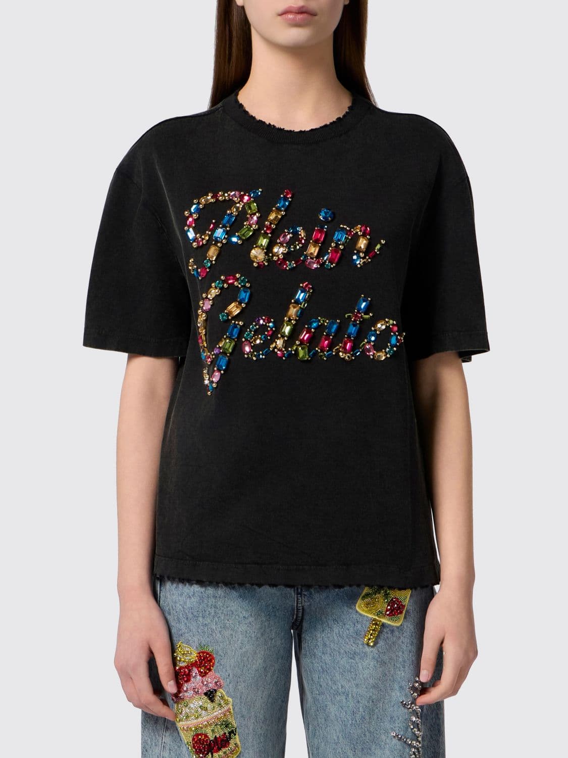 Philipp Plein Relaxed Fit Cotton T-shirt with Rhinestone Logo and Fringed Hem
