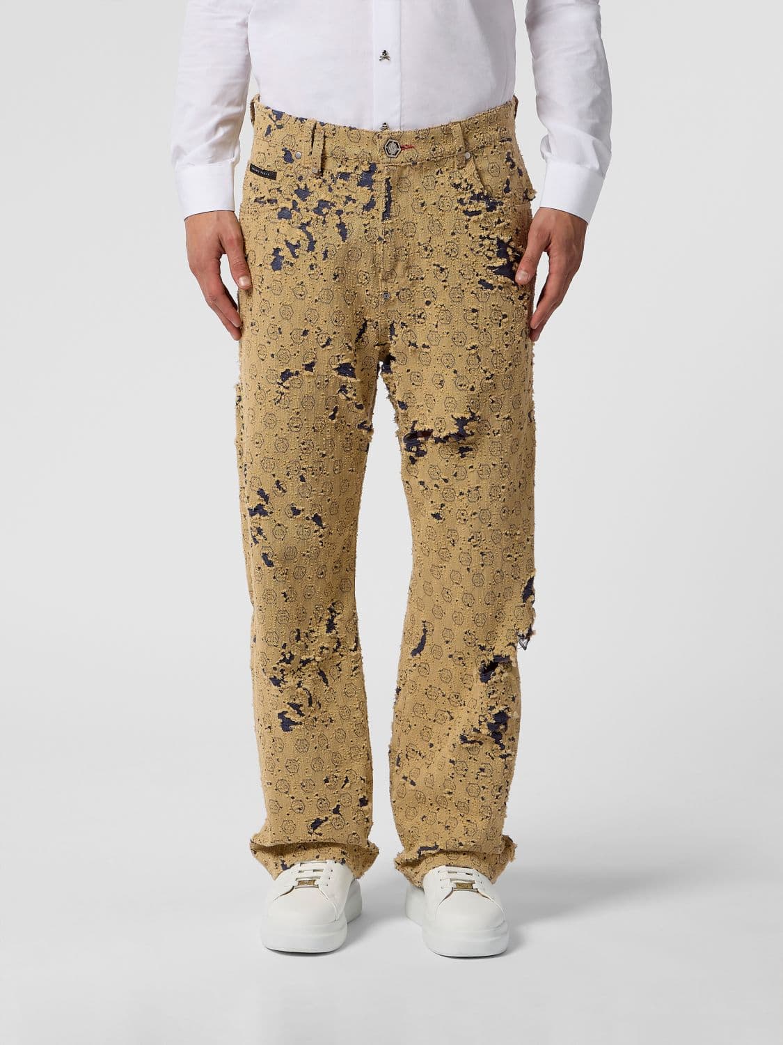 Philipp Plein Destroyed Beach Wide Leg Jeans in Distressed Denim