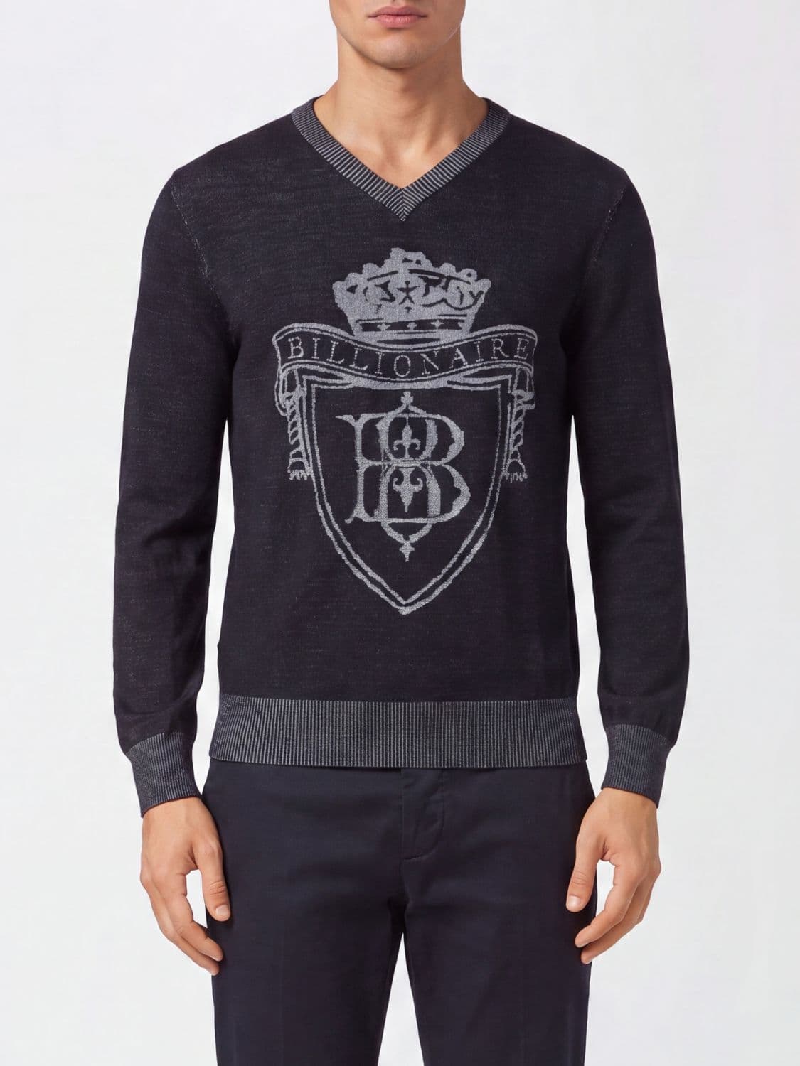 Billionaire Wool and Silk V-Neck Jumper with Jacquard Crest