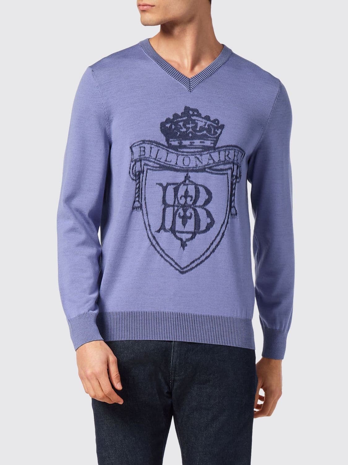 Billionaire Wool and Silk V-Neck Jumper with Jacquard Crest