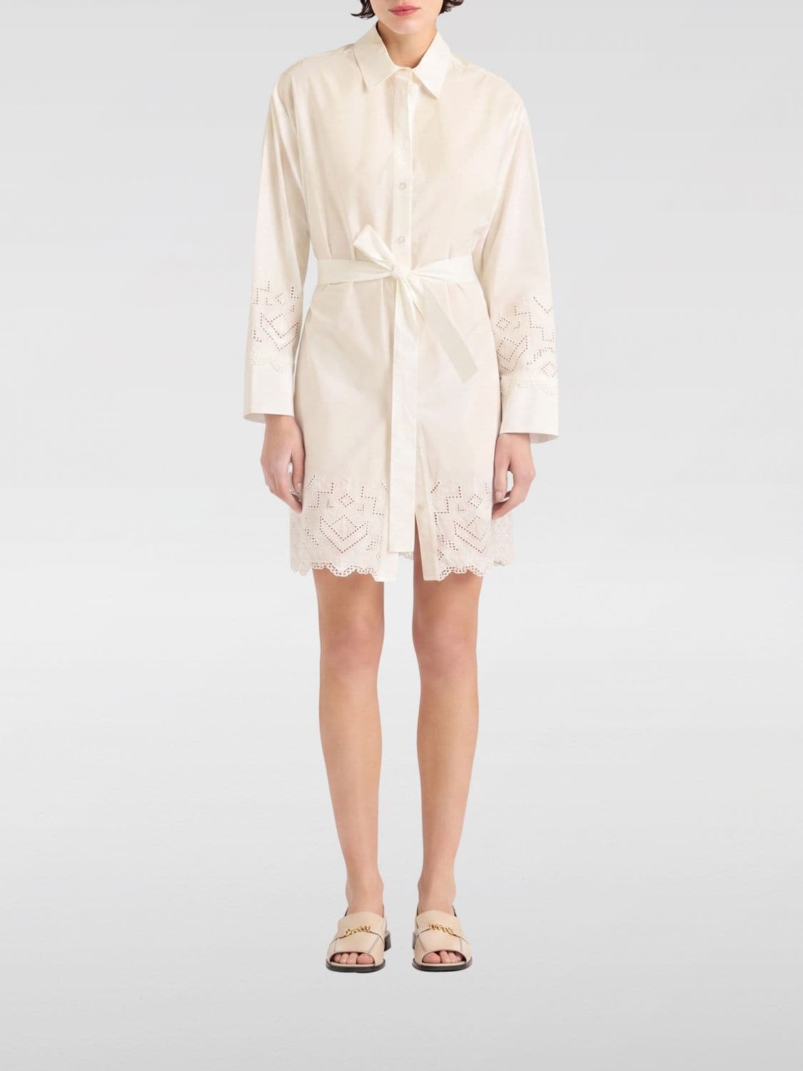 Momonì Coyotera Cotton Poplin and Broderie Anglaise Mini Shirt Dress