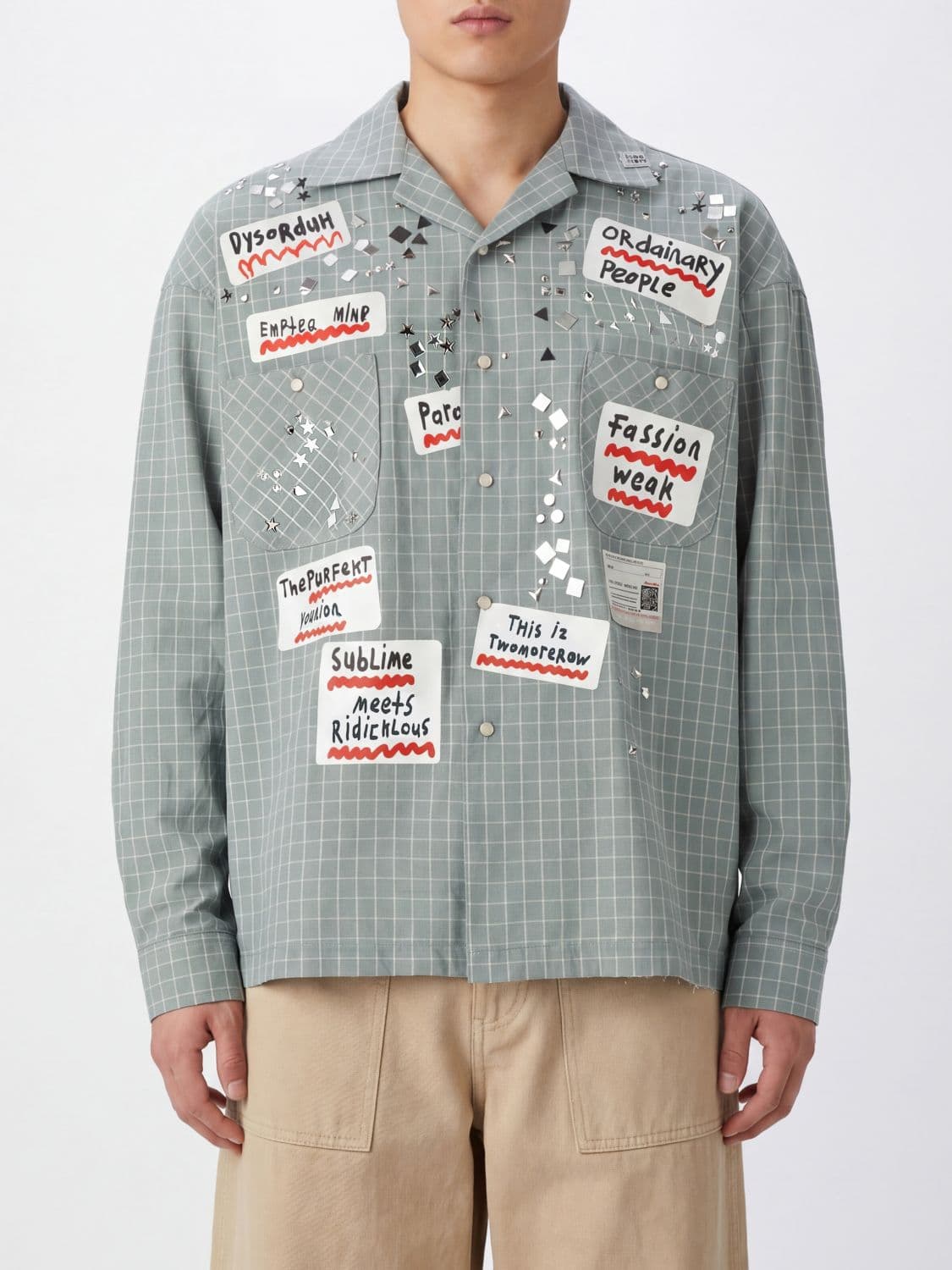 Maison Mihara Yasuhiro Check Cotton Shirt with Cuban Collar and Asymmetric Hem
