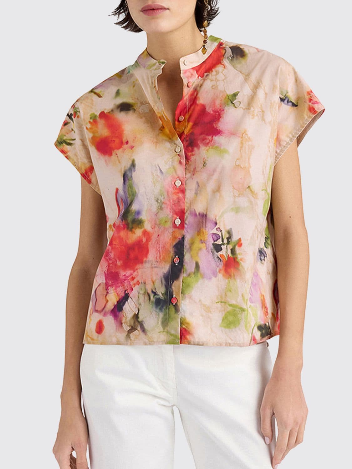 Momonì Floral Print Relaxed Fit Cotton Shirt with Korean Collar