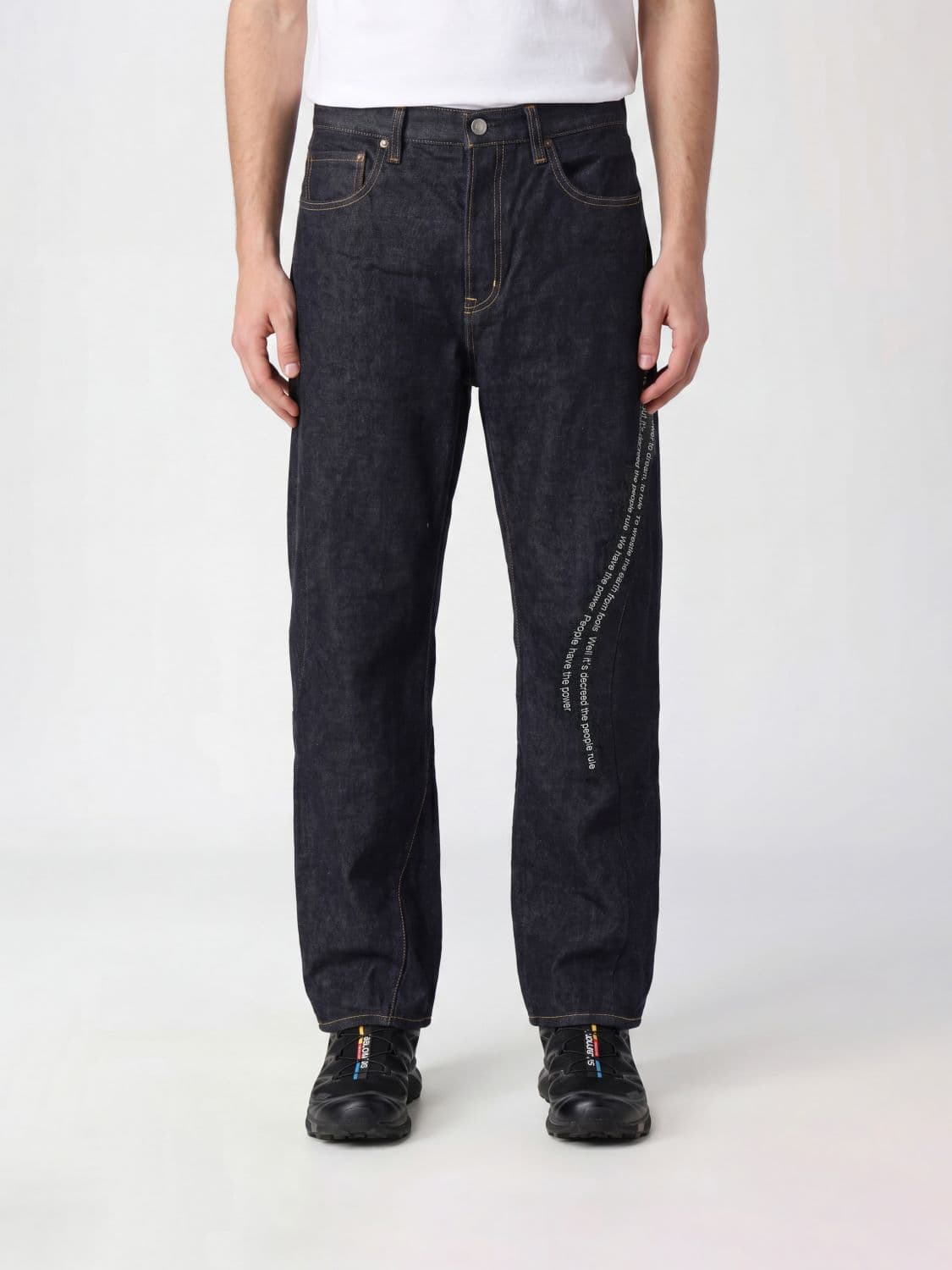 Undercover Straight Fit Stretch Denim Jeans with Slogan Print and Mid-Rise Waist · 5