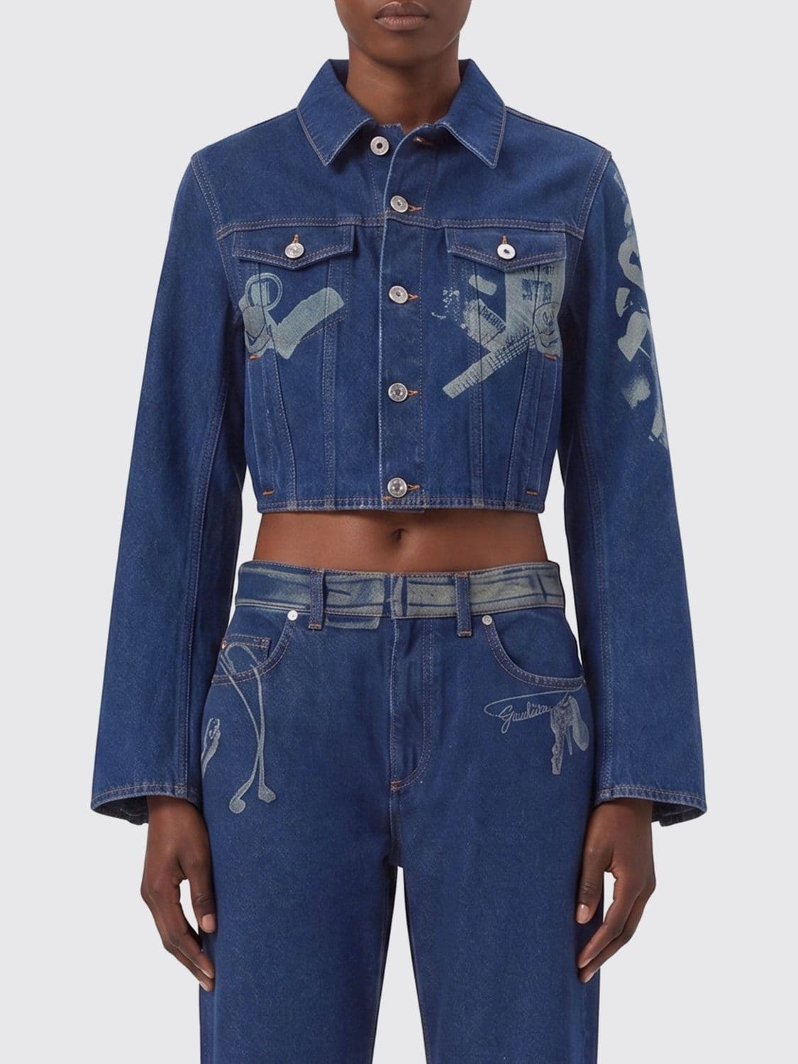 Jean Paul Gaultier Cropped Abstract Print Denim Jacket