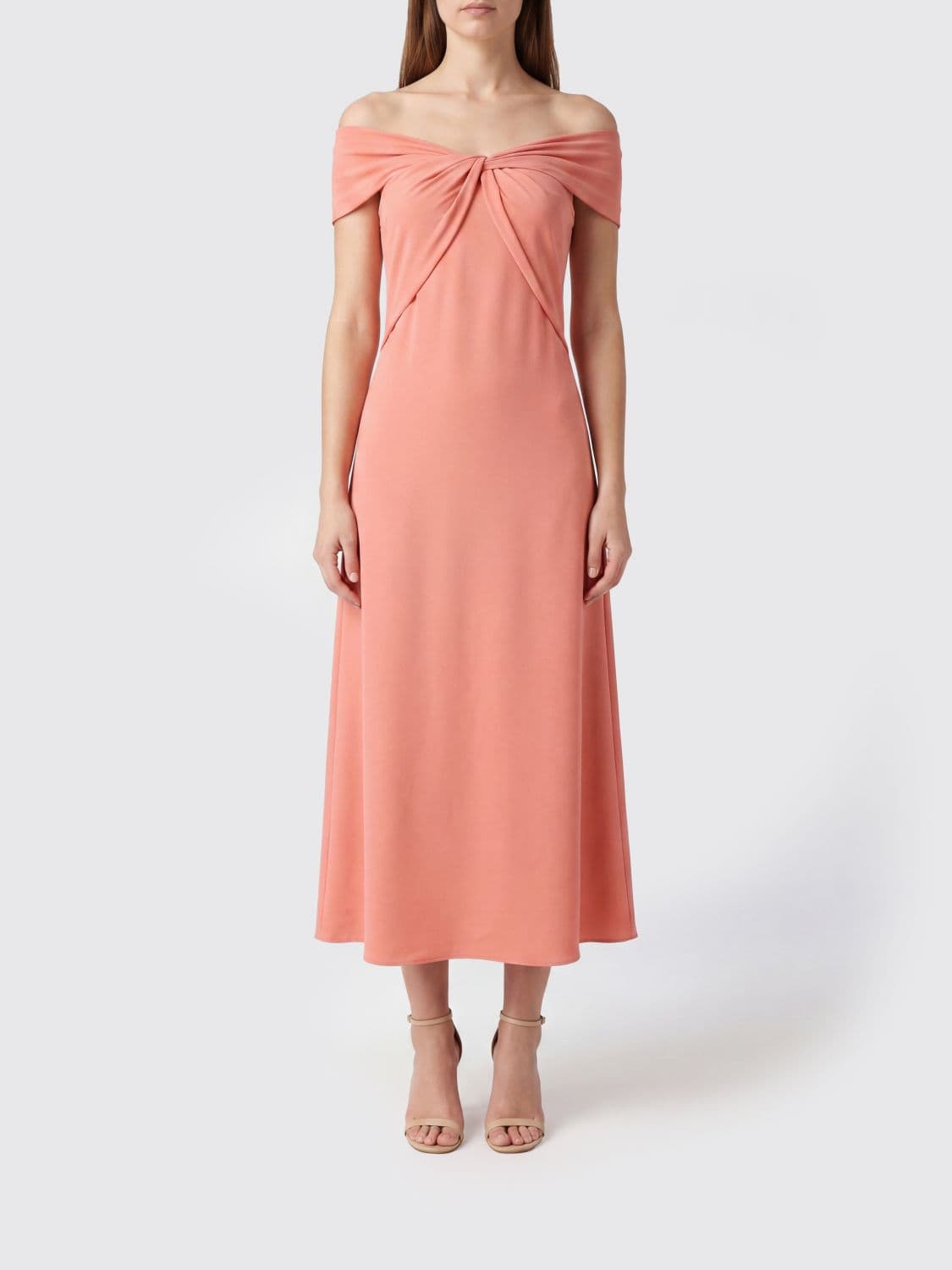 Hanita Long A-Line Gown in Viscose Blend with Off-the-Shoulder Design