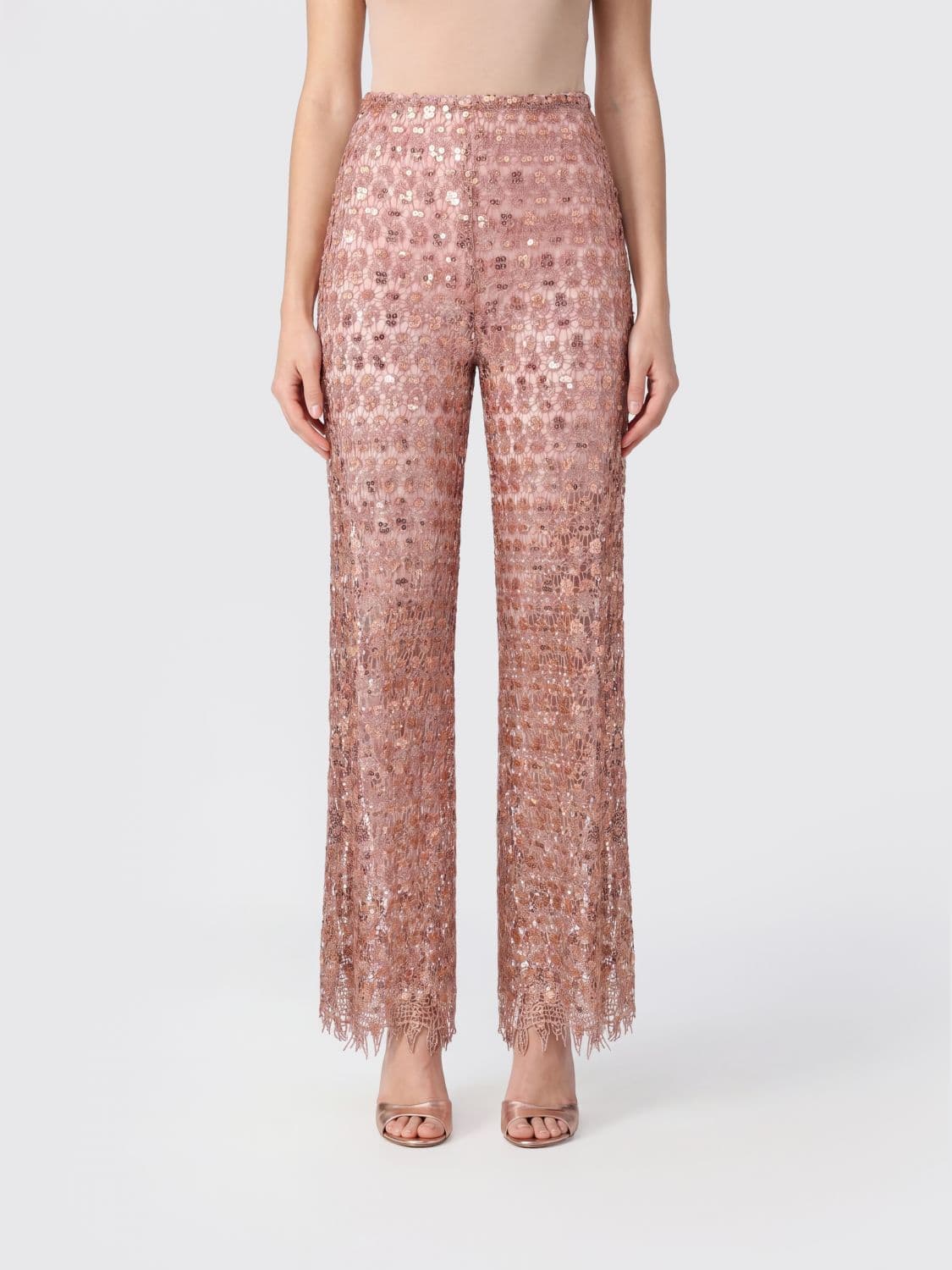 Hanita High-Waisted Straight Trousers in Embroidered Lace with Sequins