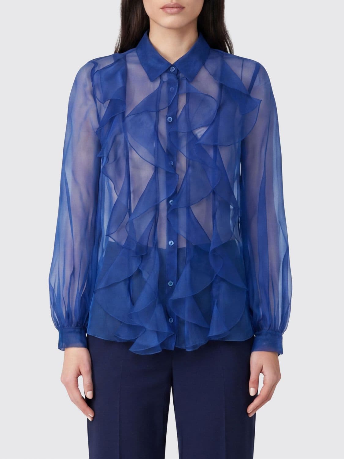 Hanita Long-Sleeved Shirt in Pure Silk with Ruffles and French Collar