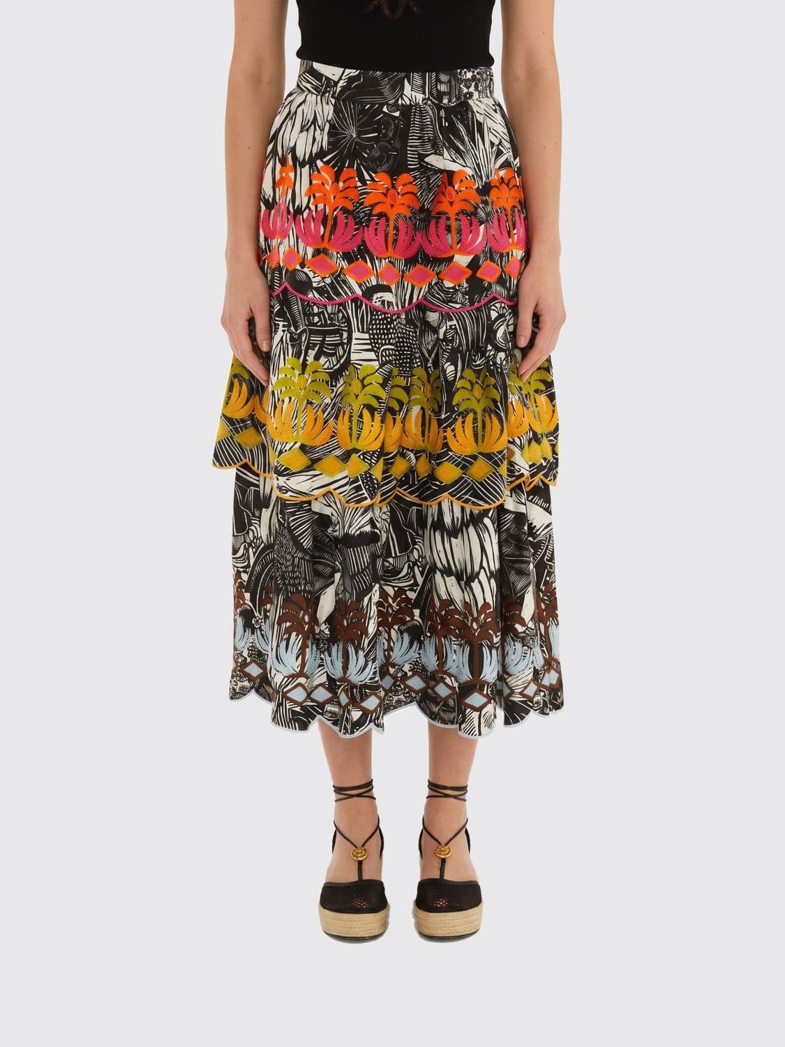 Farm Rio High-Waist Tropical Print Embroidered Cotton Midi Skirt
