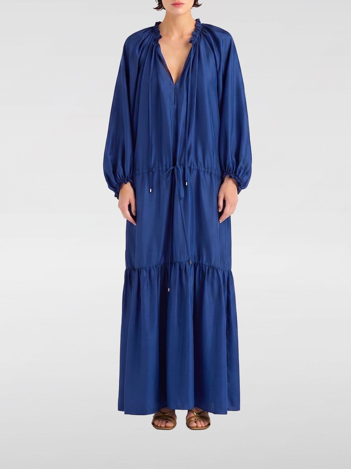 Momonì Long Silk Tunic with Balloon Sleeves and V-Neck