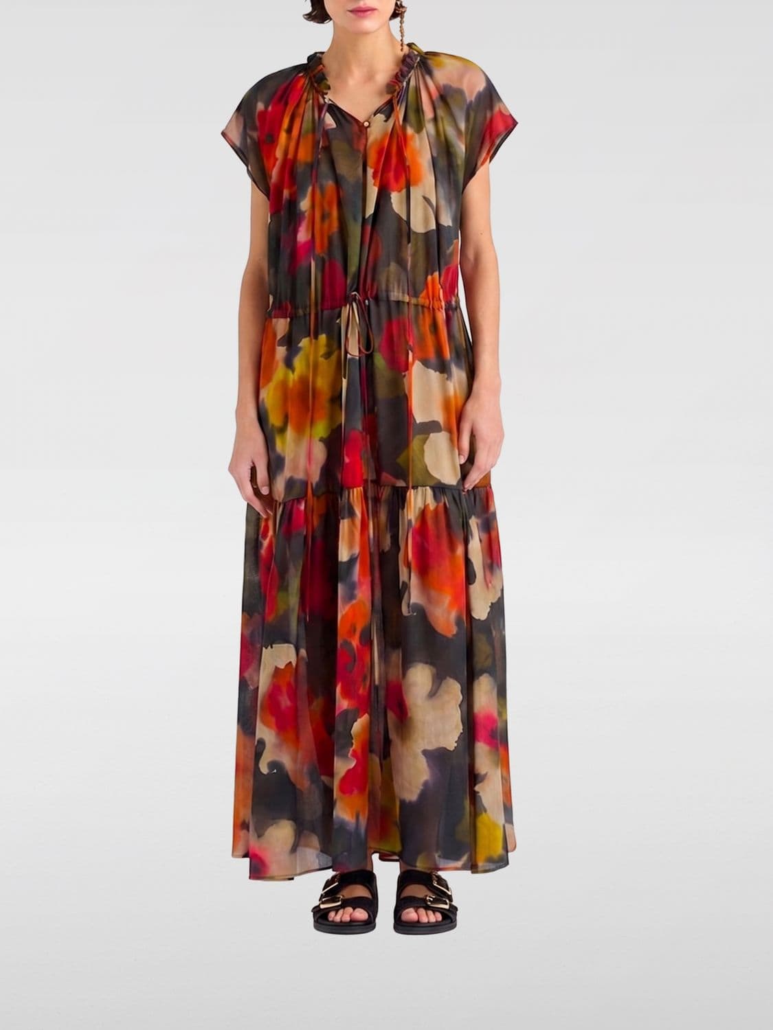 Momonì Otero Floral-Print Long Silk Tunic with Short Sleeves