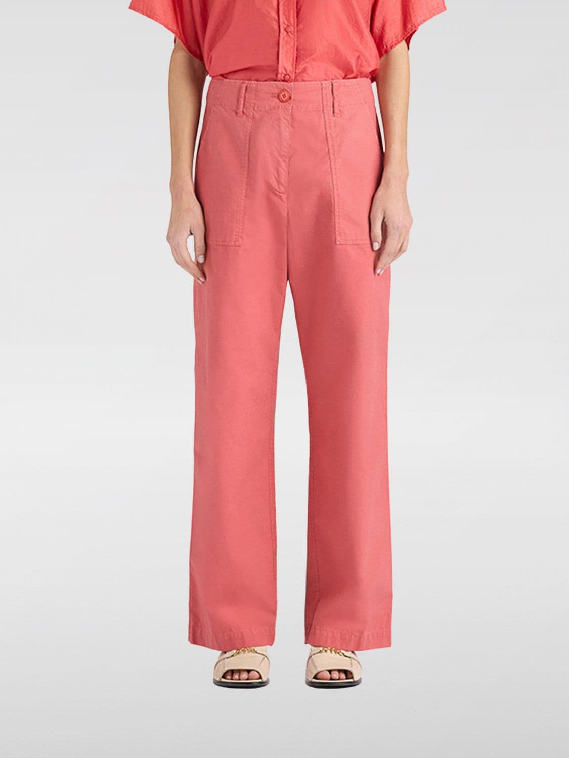 Momonì High-Waisted Straight Trousers in Stretch Cotton with Patch Pockets