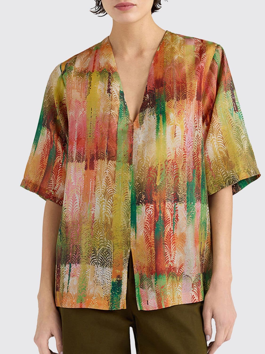 Momonì Abstract Print Silk V-Neck Short-Sleeved Shirt