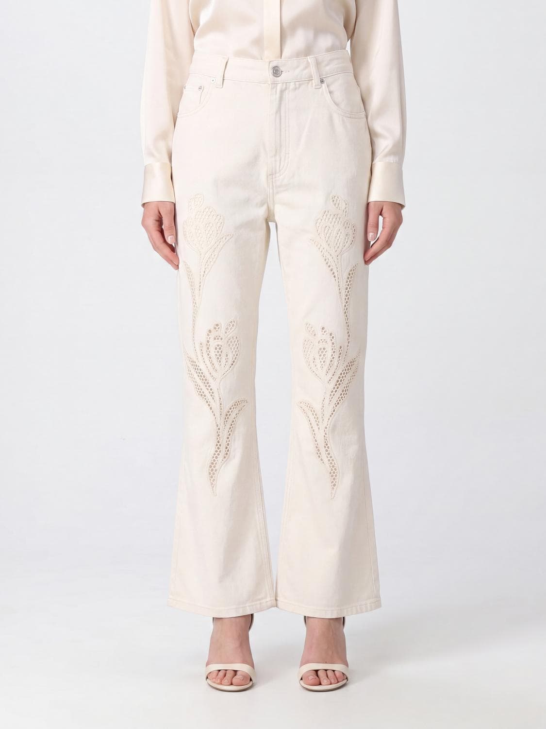 Marni High-Waisted Flared Jeans in Cotton Denim with Lace Inserts