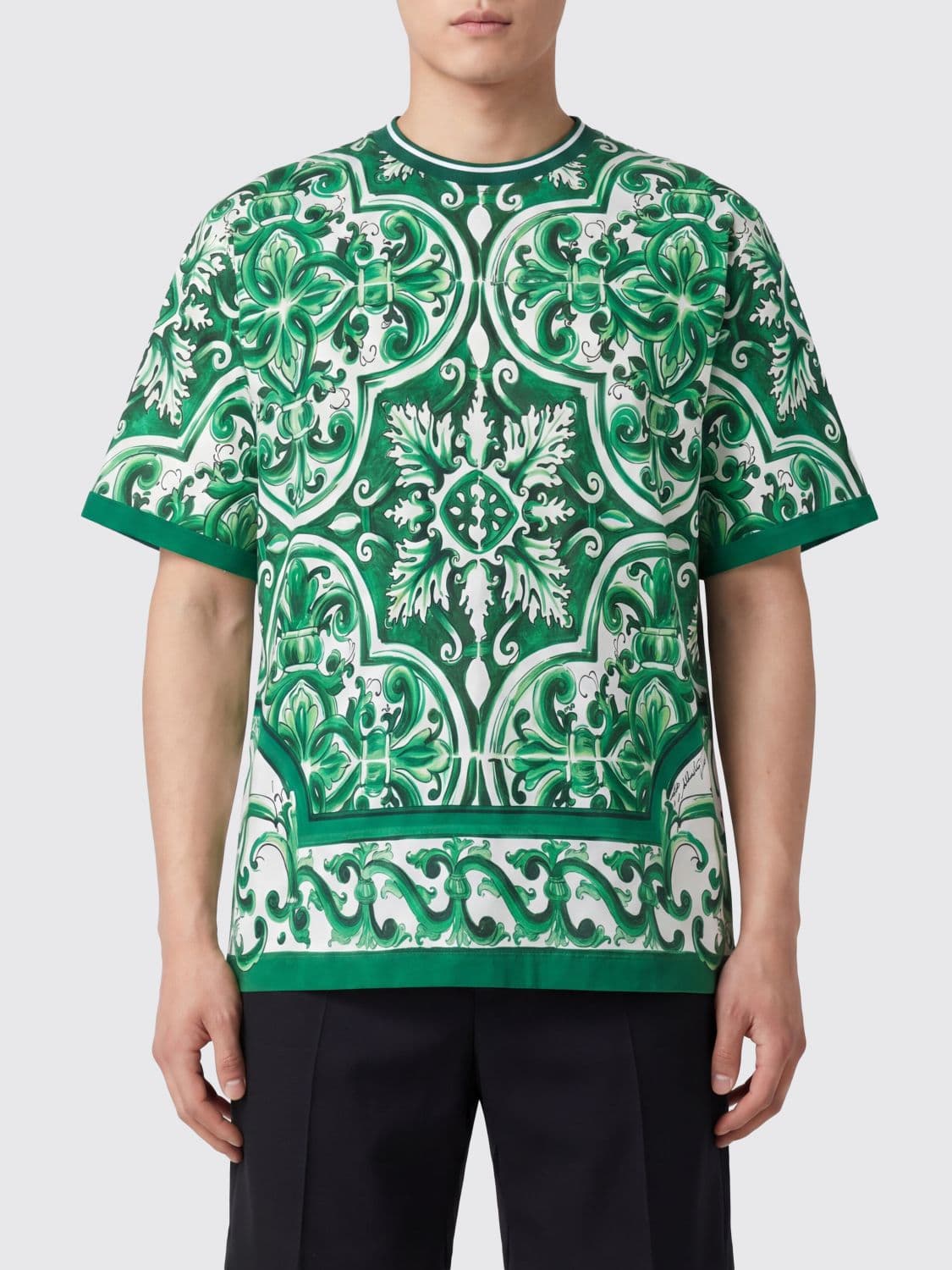 Dolce & Gabbana Green Cotton T-Shirt with Majolica Print and Dropped Shoulders