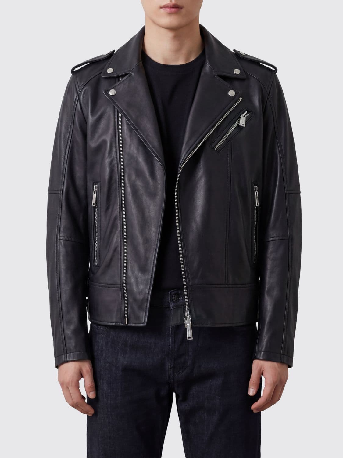 Dsquared2 Black Leather Biker Jacket with Side Zip and Epaulettes