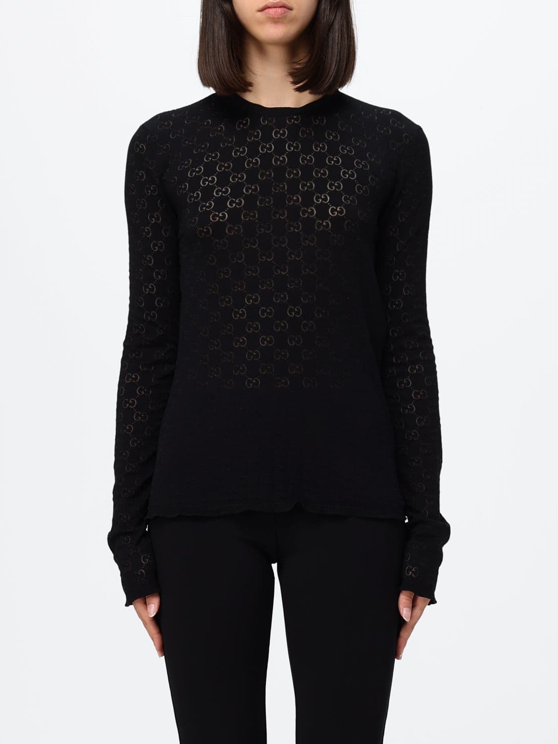 Gucci Sheer GG Monogram Crêpe Top with Long Sleeves