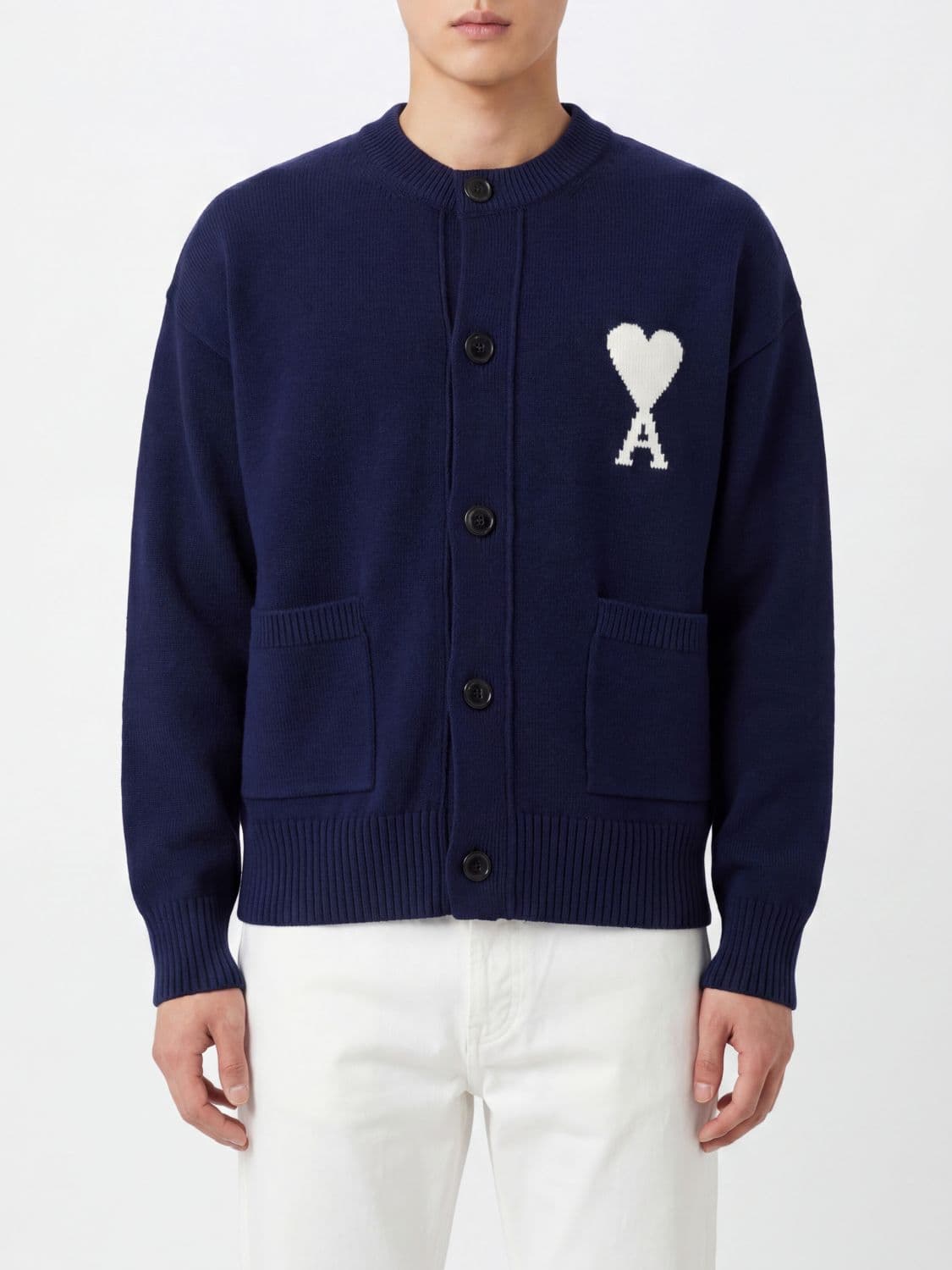 Ami Paris Wool and Cotton Blend Cardigan with Contrast Jacquard Logo · XL