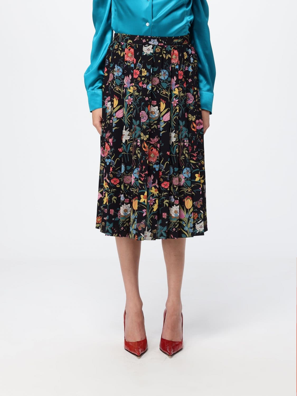 Gucci High-Waisted Floral Print Pleated Silk Midi Skirt