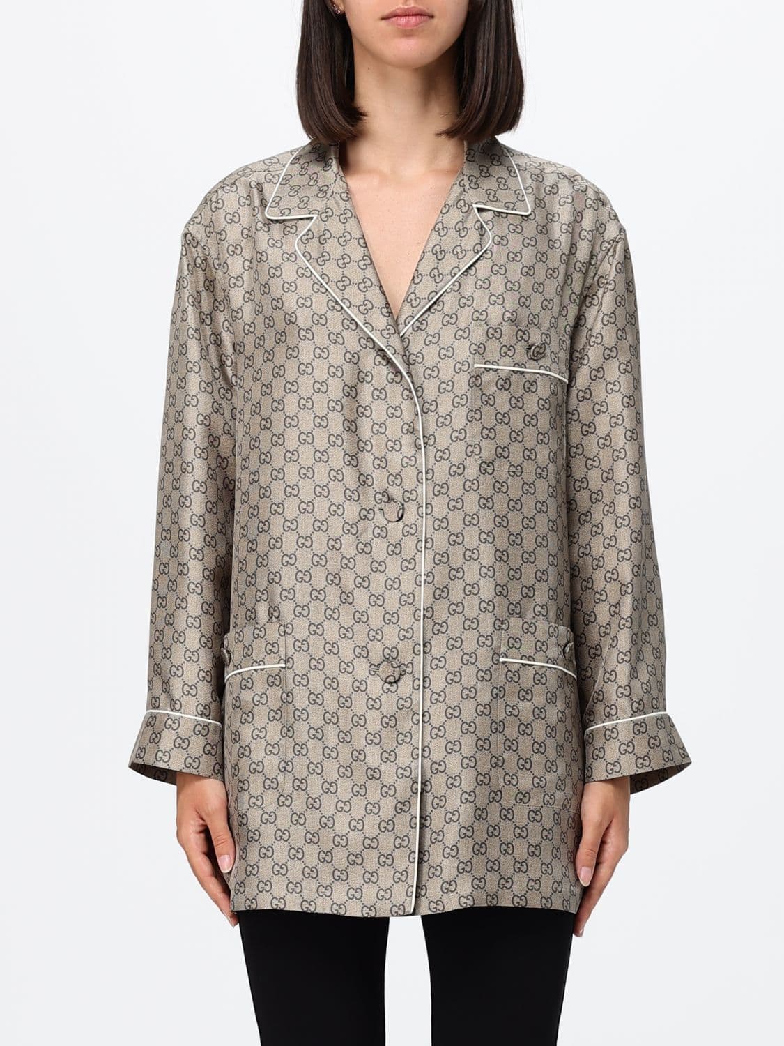 Gucci GG Monogram Silk Pajama-Style Shirt with Revere Collar