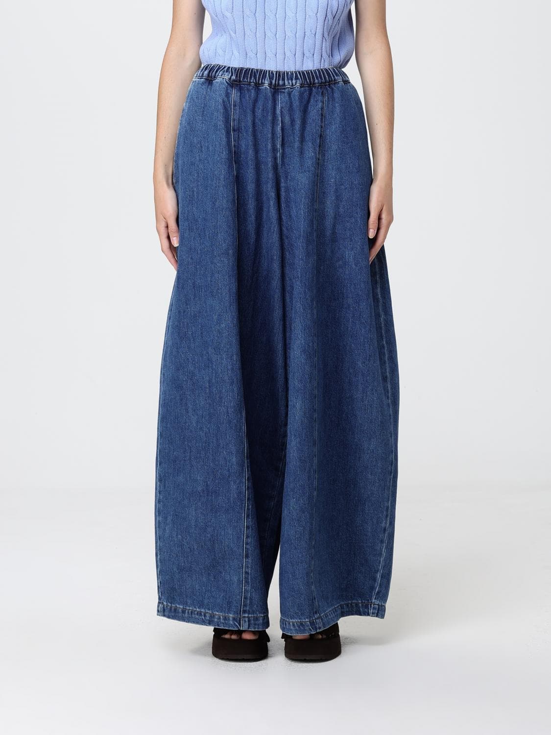 Meimeij Wide Leg Palazzo Trousers in Cotton Denim with Elasticated Waist