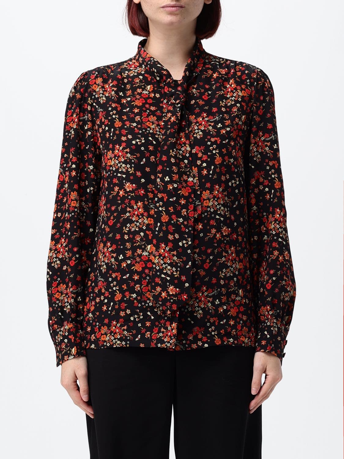 Gucci Floral-Print Silk Shirt with Pussy-Bow Collar