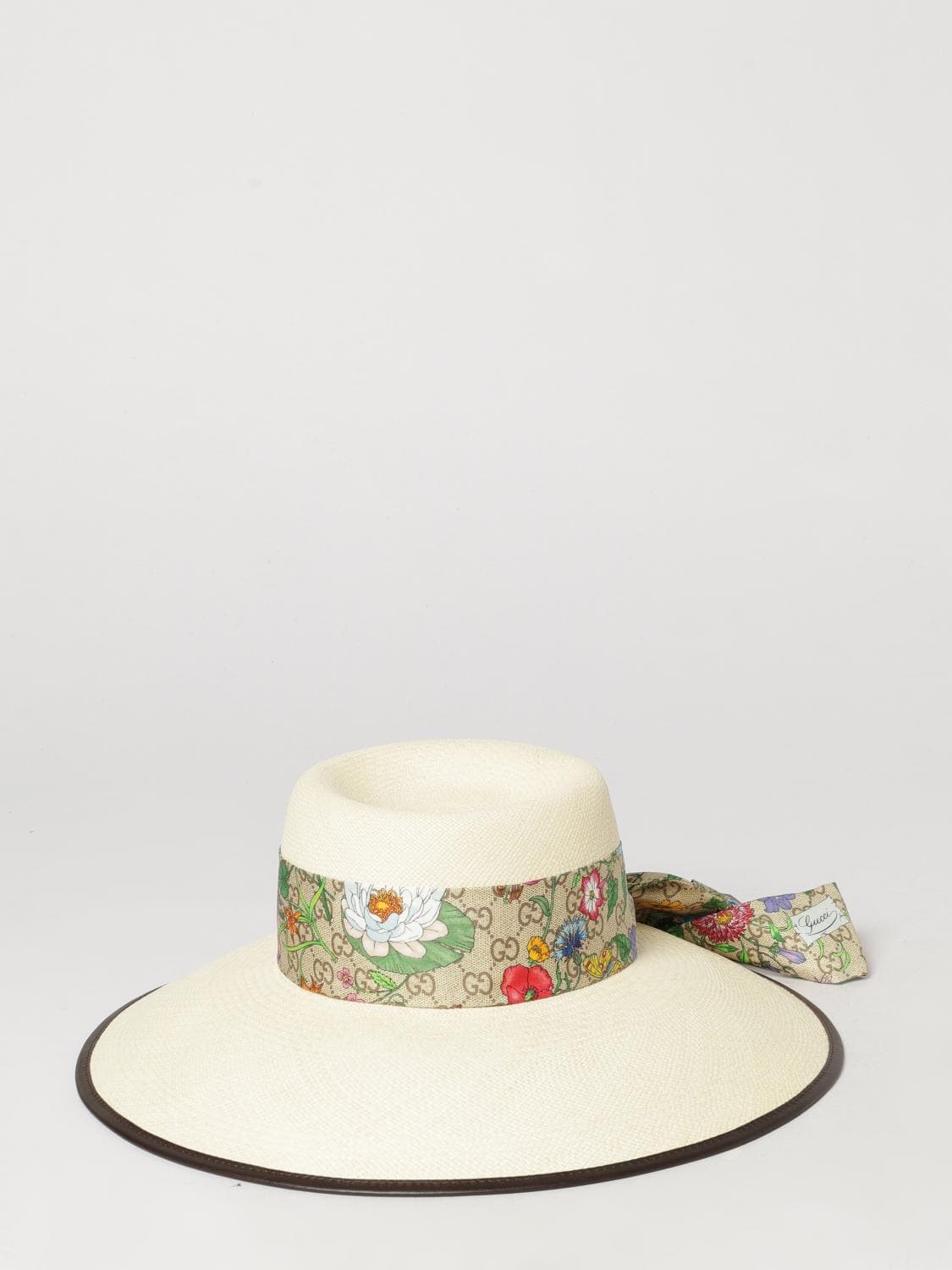 Gucci Raffia Panama Hat with Floral Silk Twill Band · S