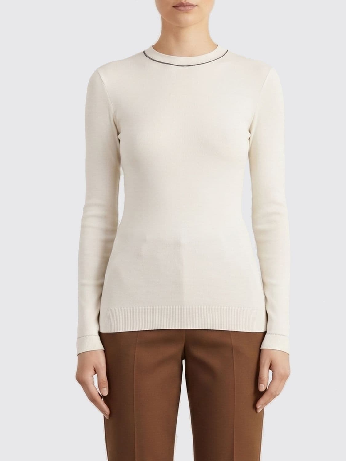 Brunello Cucinelli Long-Sleeved Cotton T-Shirt with Monili Embroidery
