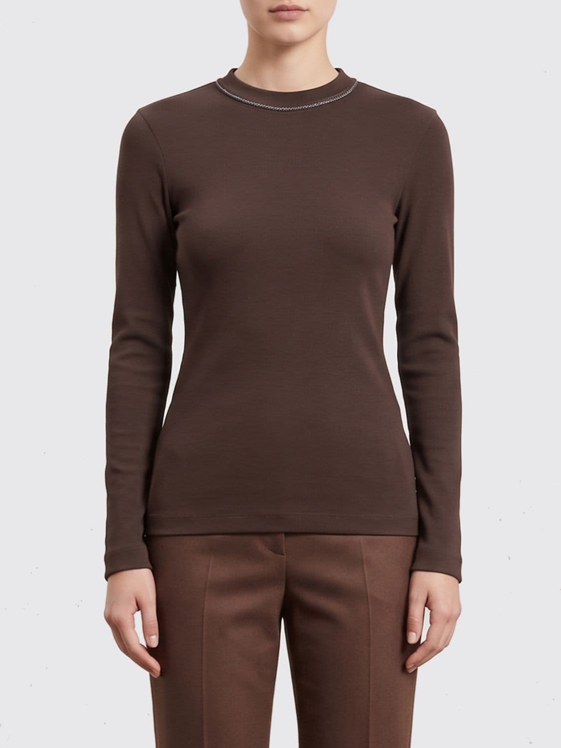 Brunello Cucinelli Long-Sleeved Cotton T-Shirt with Monili Embroidery