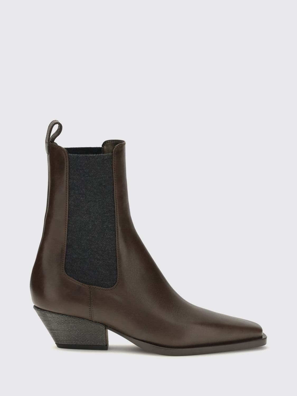Brunello Cucinelli Smooth Calfskin Leather Chelsea Boots with Tapered Toe and Monili