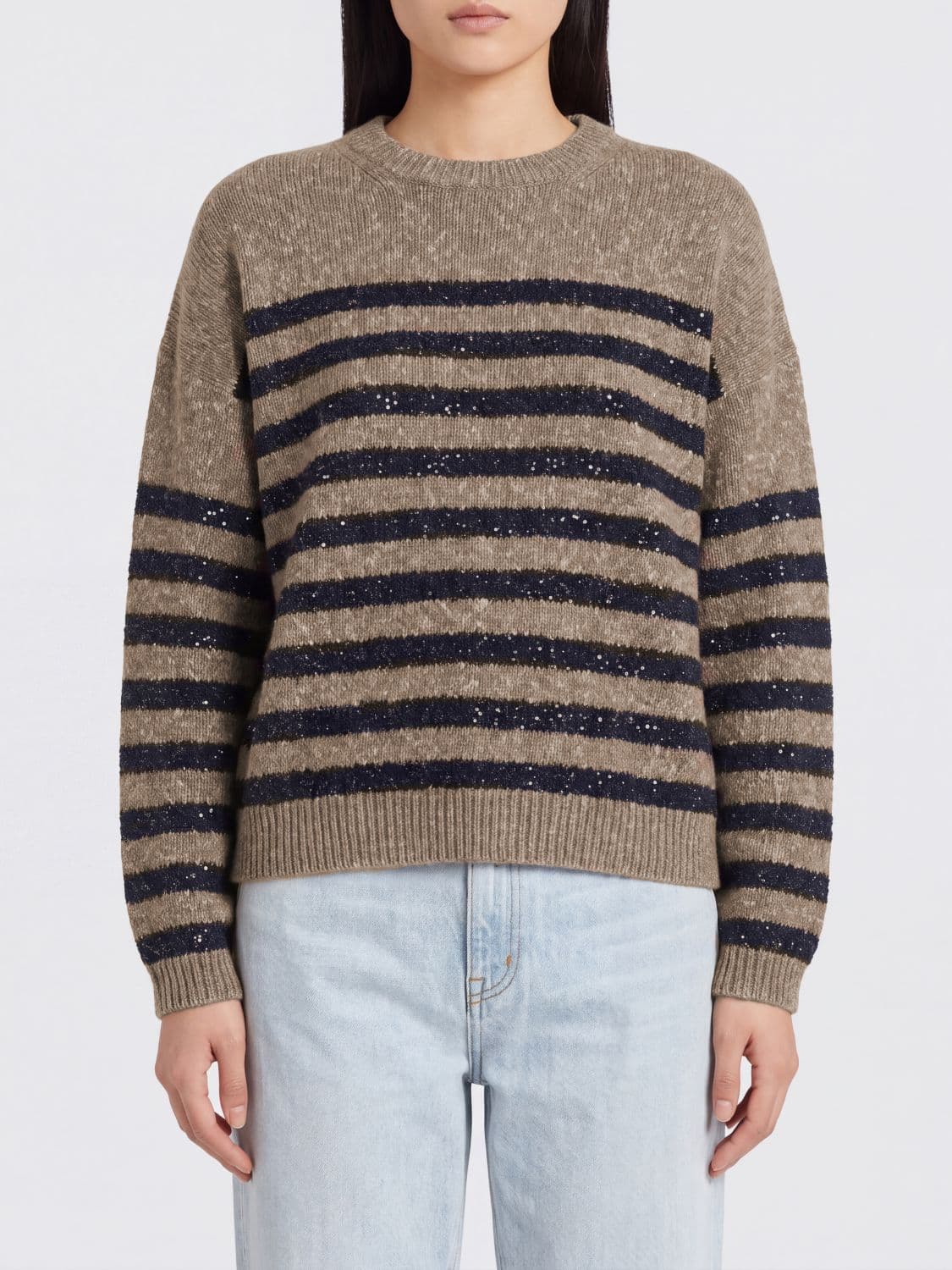 Brunello Cucinelli Striped Crewneck Jumper in Cashmere and Wool Blend with Lurex