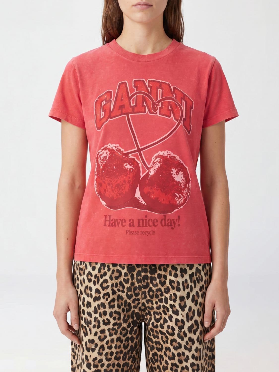 Ganni Crew Neck Cotton T-shirt with Printed Logo