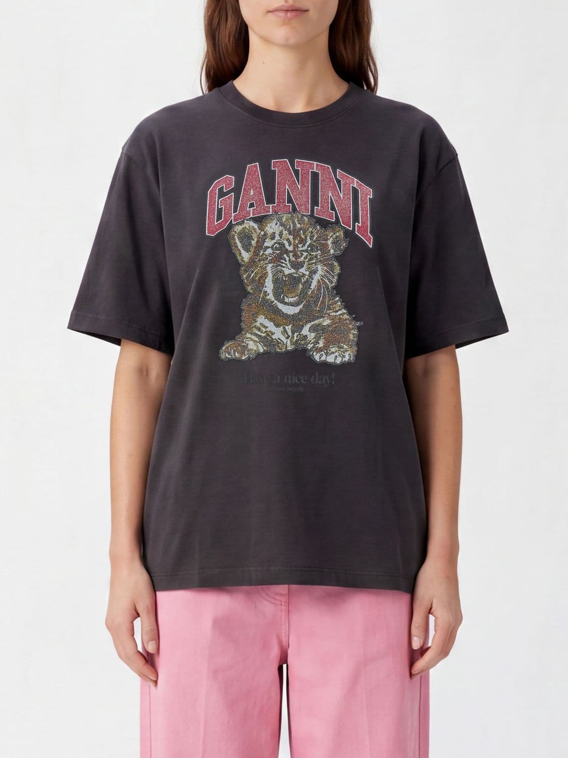 Ganni Crew Neck Cotton T-shirt with Front Maxi Logo