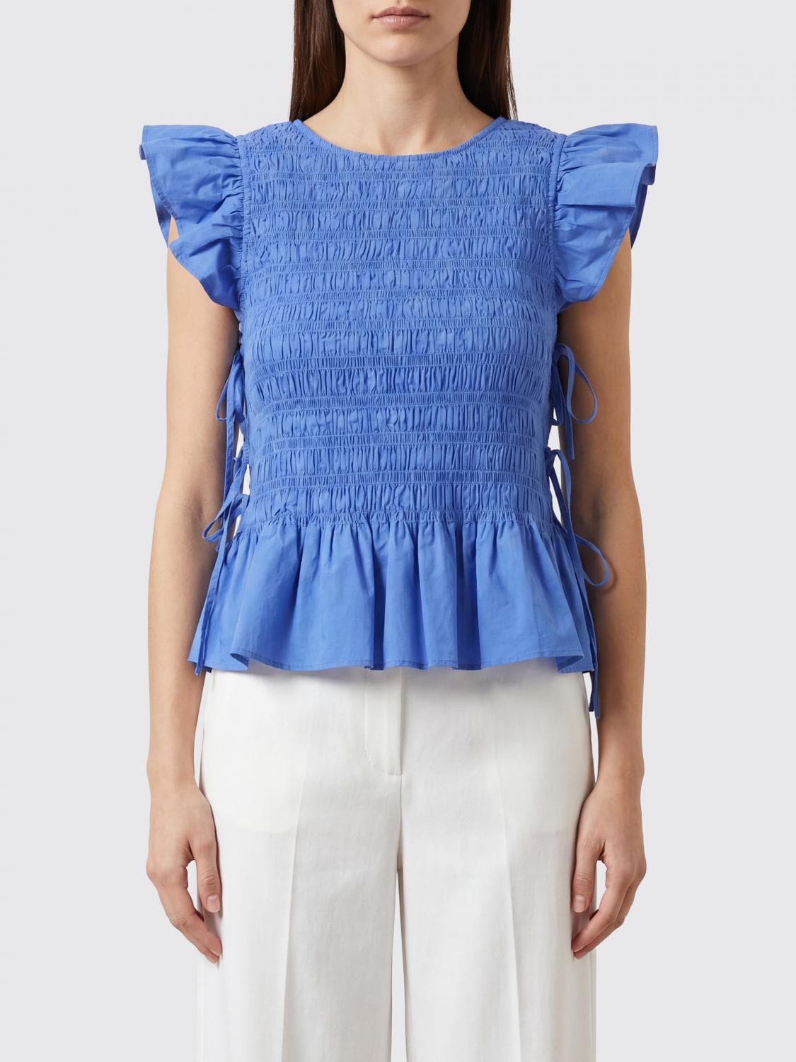 Ganni Sleeveless Ruched Top in Stretch Cotton with a Crew Neck