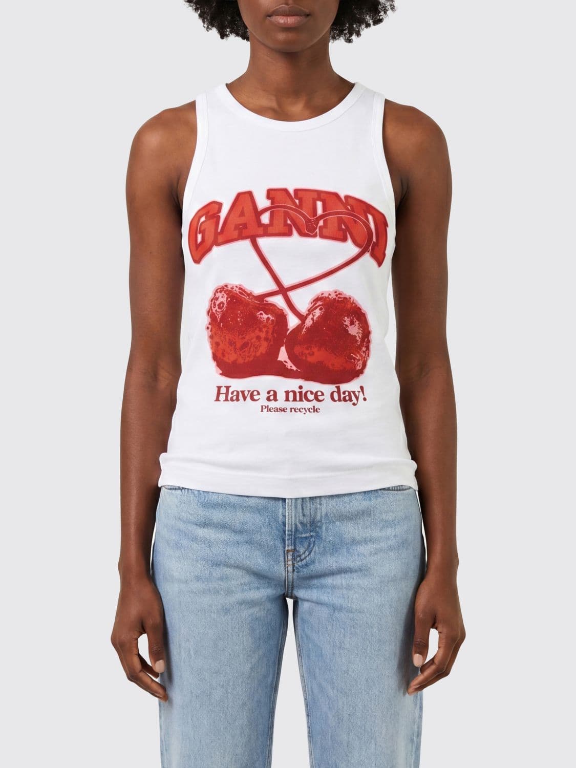 Ganni Crew Neck Cotton Tank Top with a Contrasting Logo