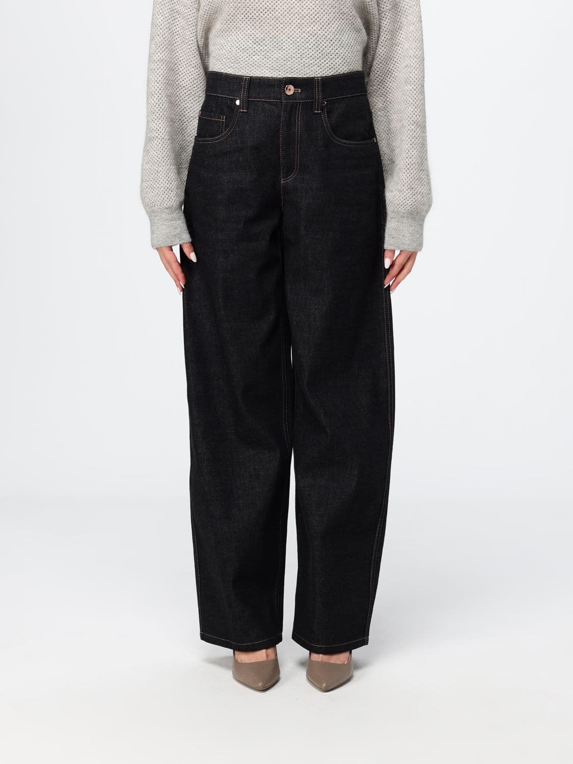 Brunello Cucinelli High-Waisted Wide-Leg Denim Jeans with Monili