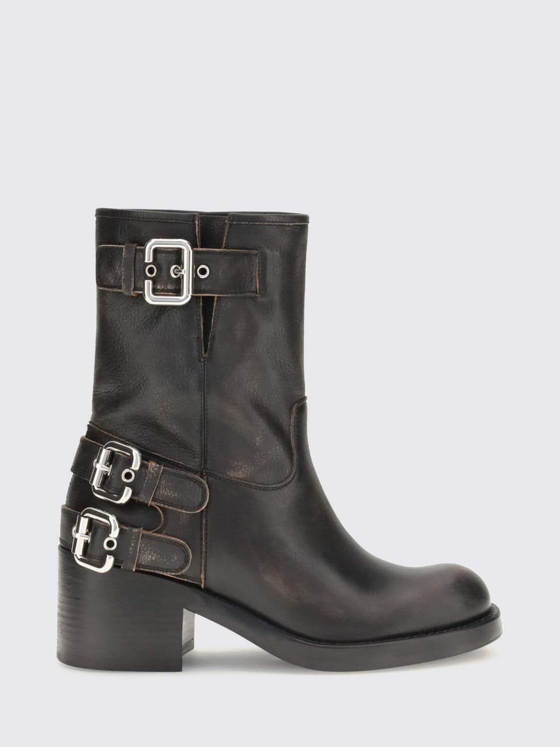 Chloé Dakota Biker Boots in Aged Leather with Medium Heel and Straps