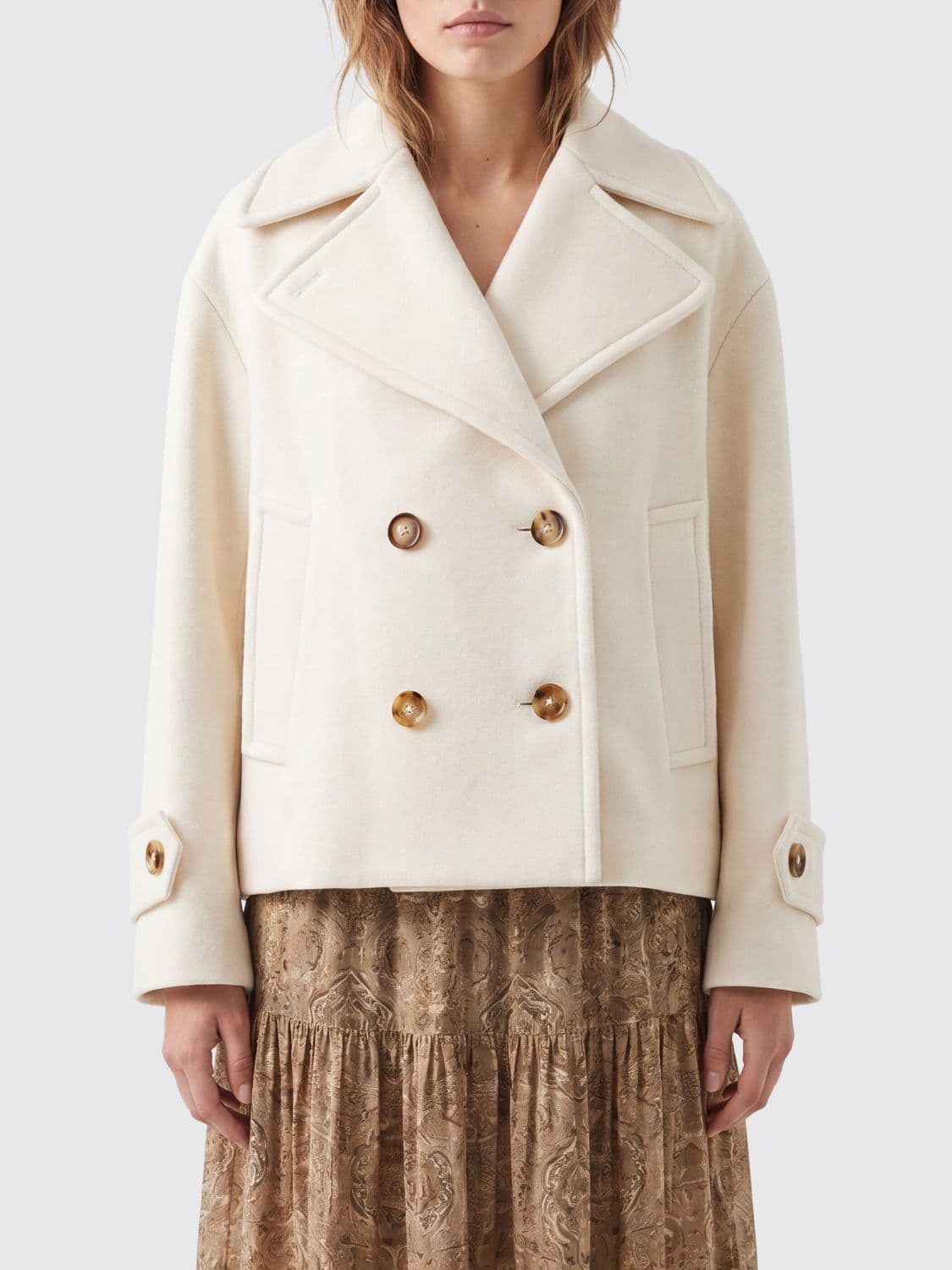 Chloé Double-Breasted Wool Blend Pea Coat with Dropped Shoulders